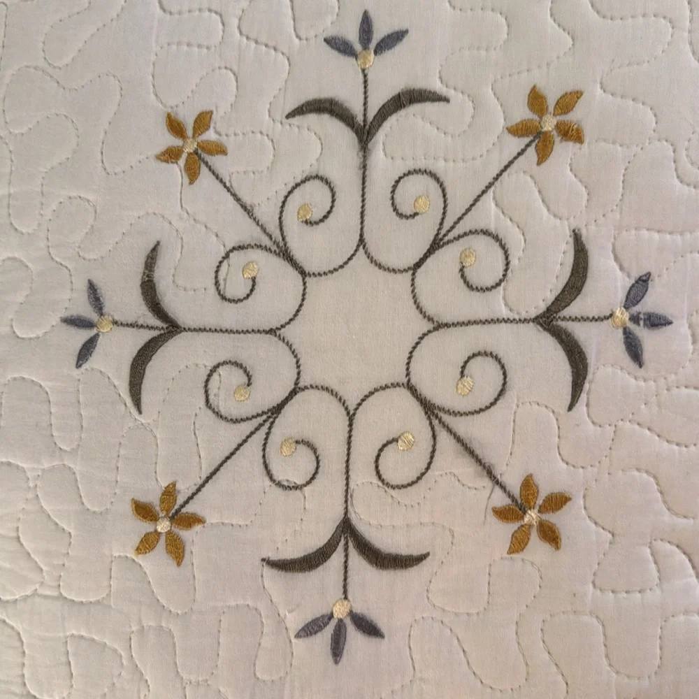 Pillows Set of 3 Cream and Blue Quilted Accent Pillows with Elegant Embroidery